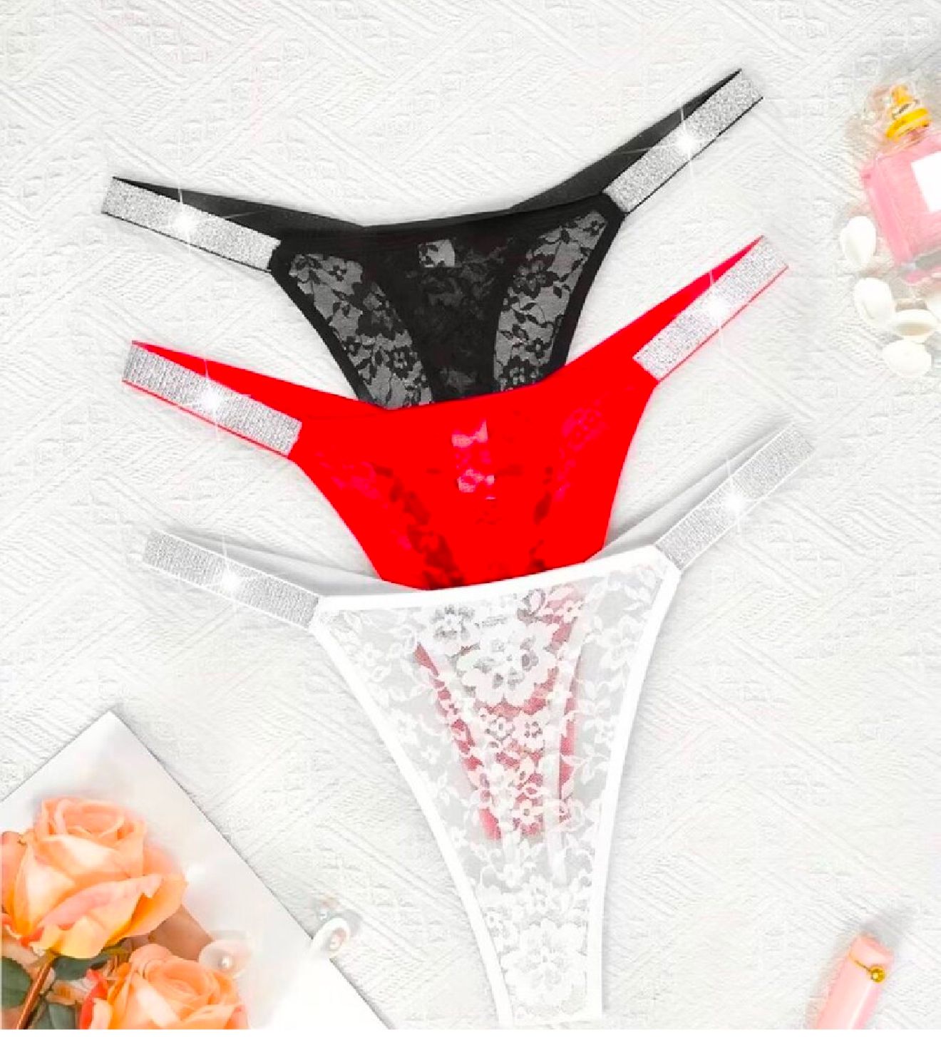 3pcs Women's Thong Underwear Set - Lace with Silver Contrast Waistband (Size L)