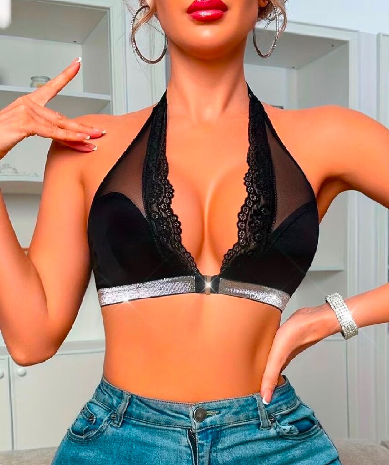 Women'S Black Bra Mesh Panel Halter Design, Comfortable And Stylish Lingerie (L) image 1
