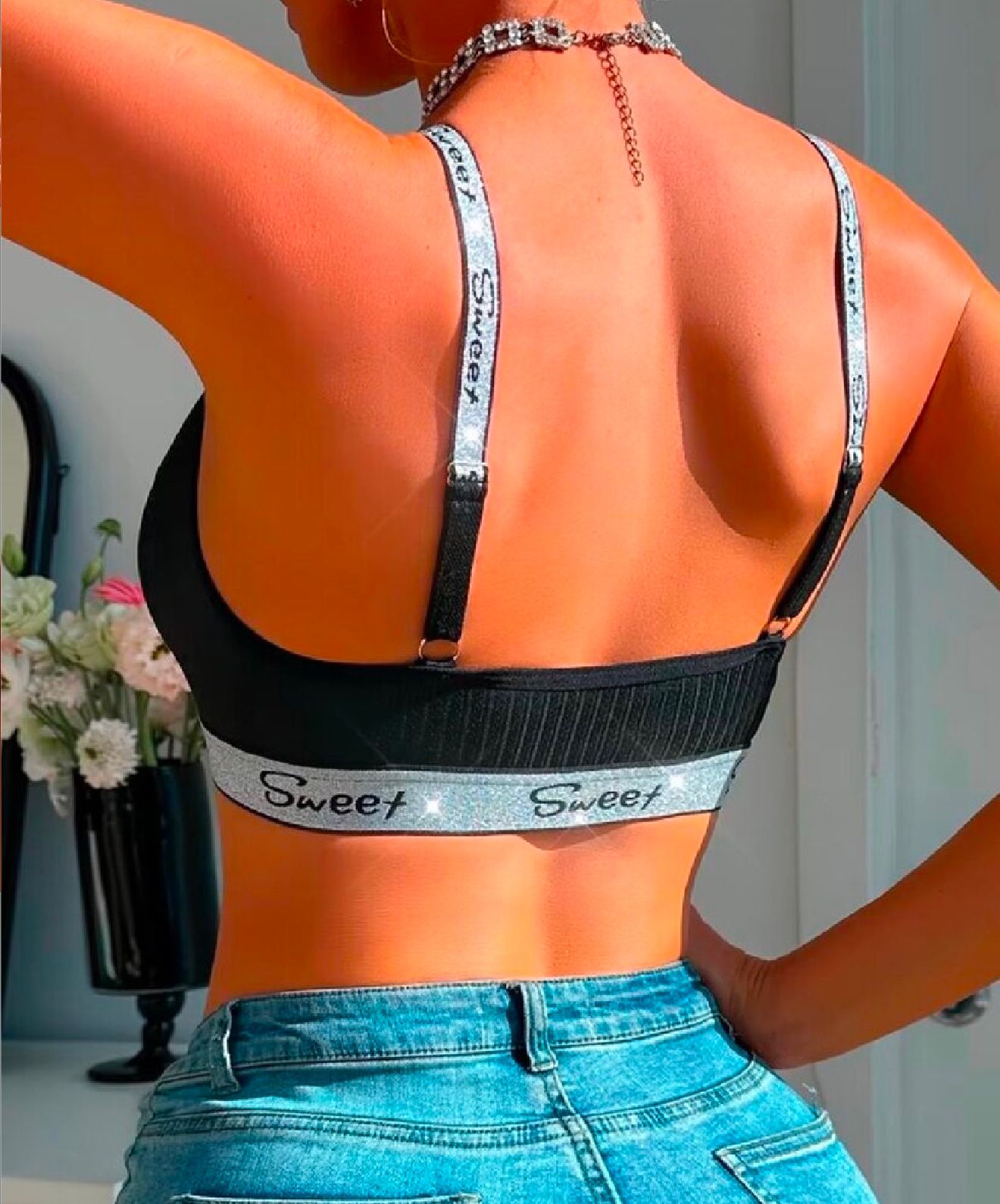 Women's Black Striped Lingerie with Heart Chain - Stylish & Comfortable