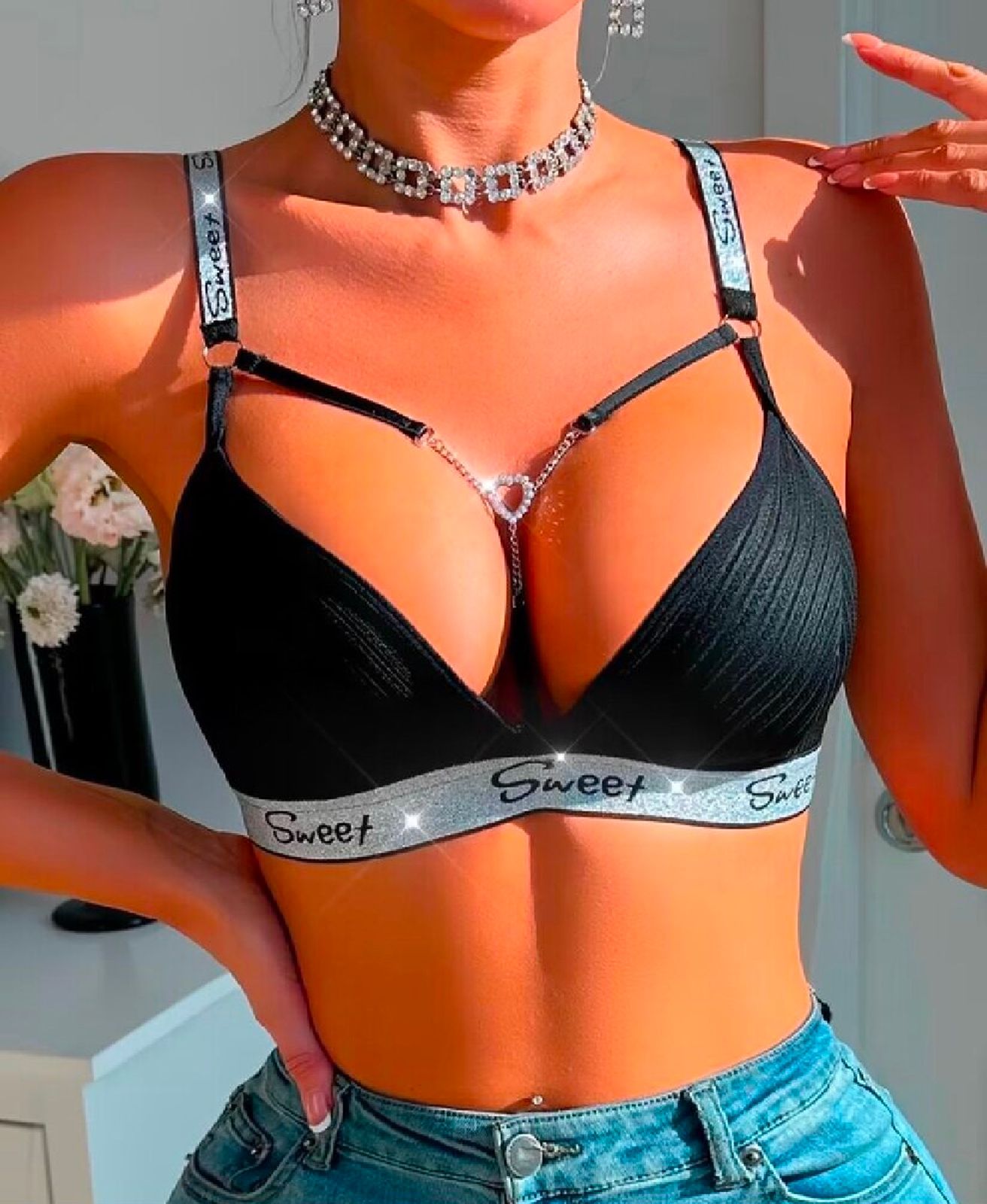 Women's Black Striped Lingerie with Heart Chain - Stylish & Comfortable