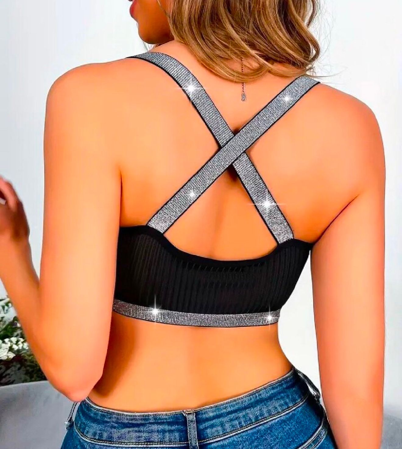 Women's Underwear with Silvery-ThreadedStraps & V-Neck Back Design