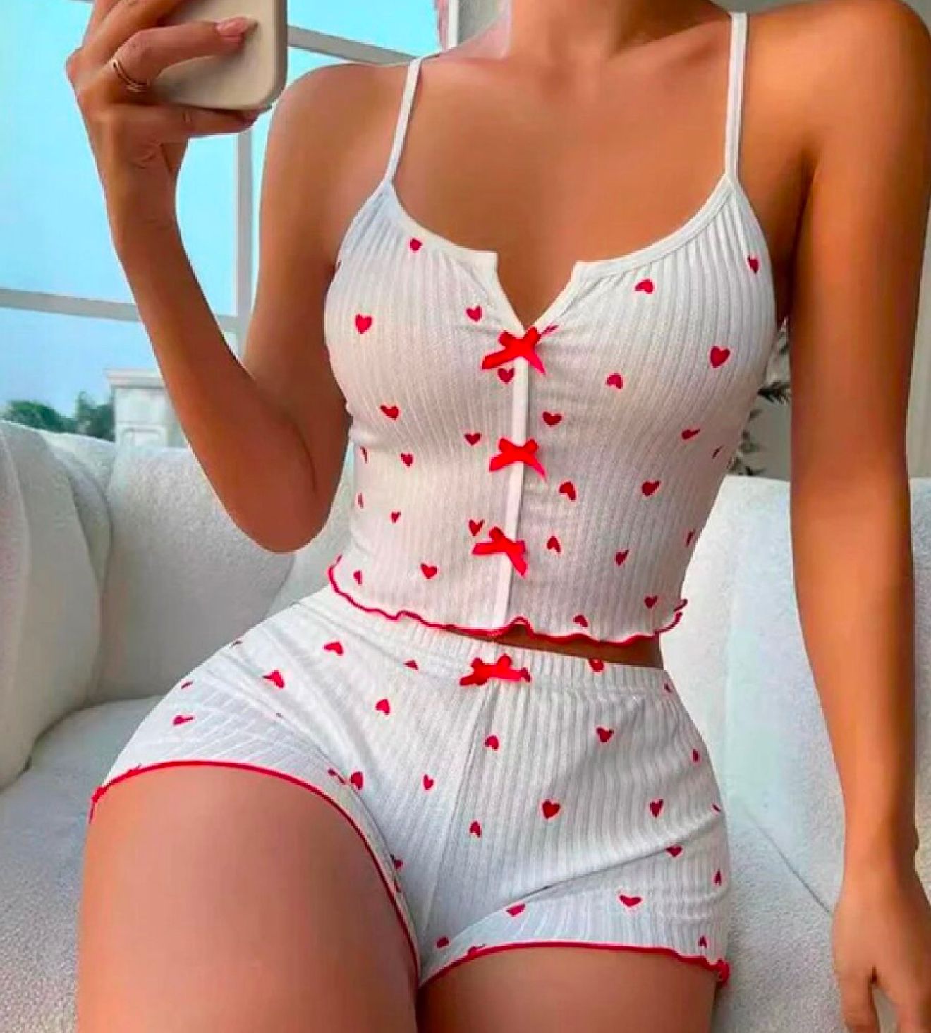 Sweetheart Bow Ribbed Pajama Set