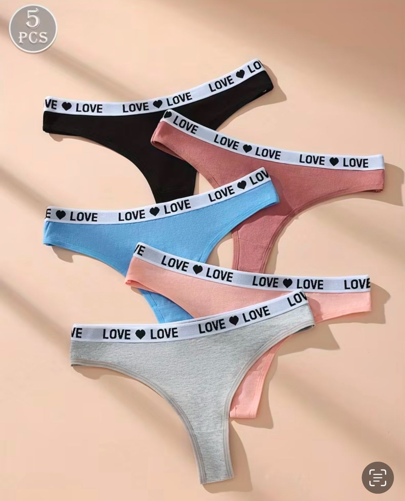 5PCS Women’s Thong Underwear Set – LOVE Waistband Soft Cotton Panties (Size XL)