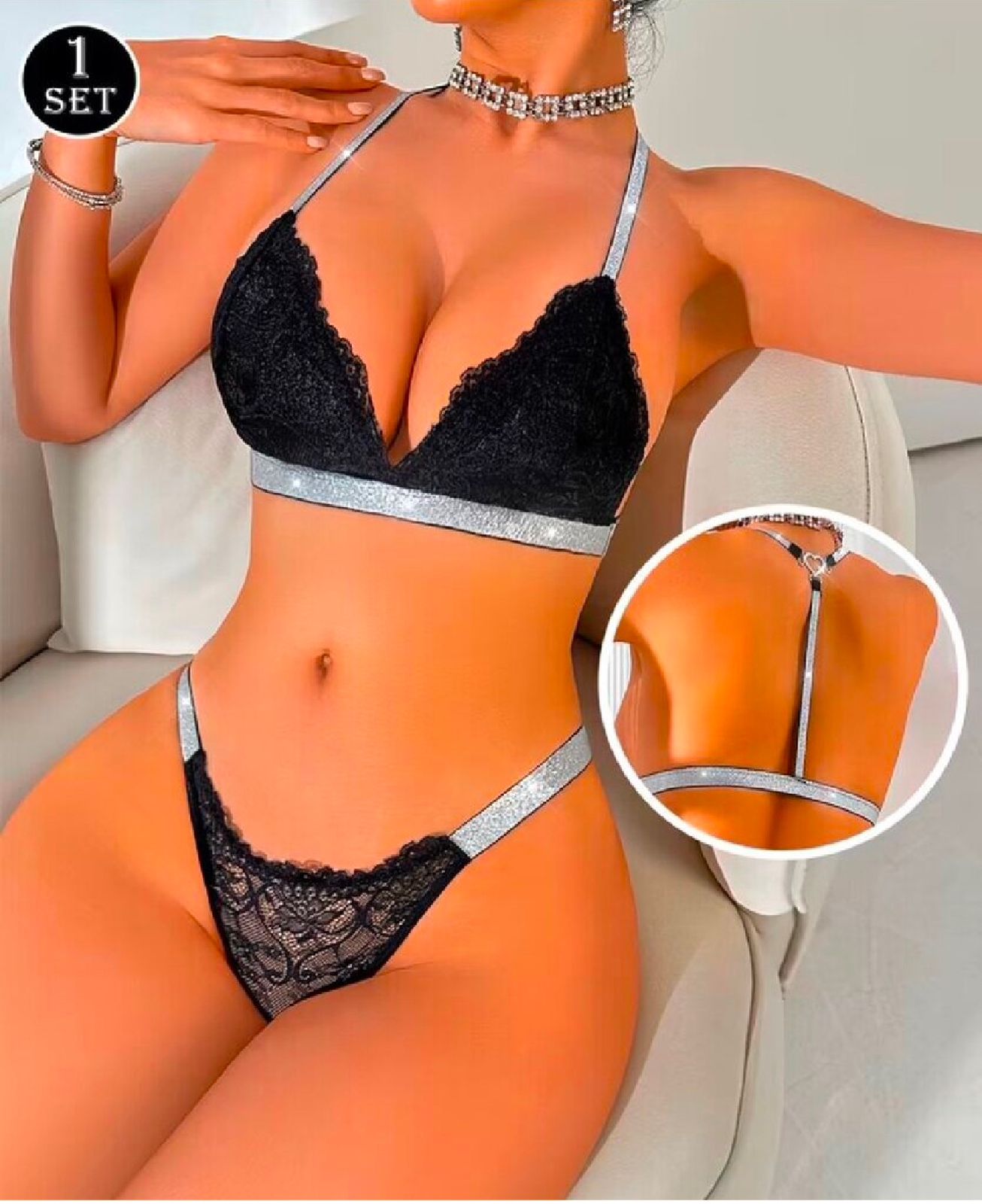 Women's Lace Embroidered Lingerie Set with Mesh Fabric, Silver Straps & French TriangleCups (XL)