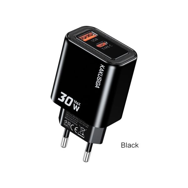 Kakusiga Fast Wall Charger – 2 Ports – 30W – Black – Type-C To Usb