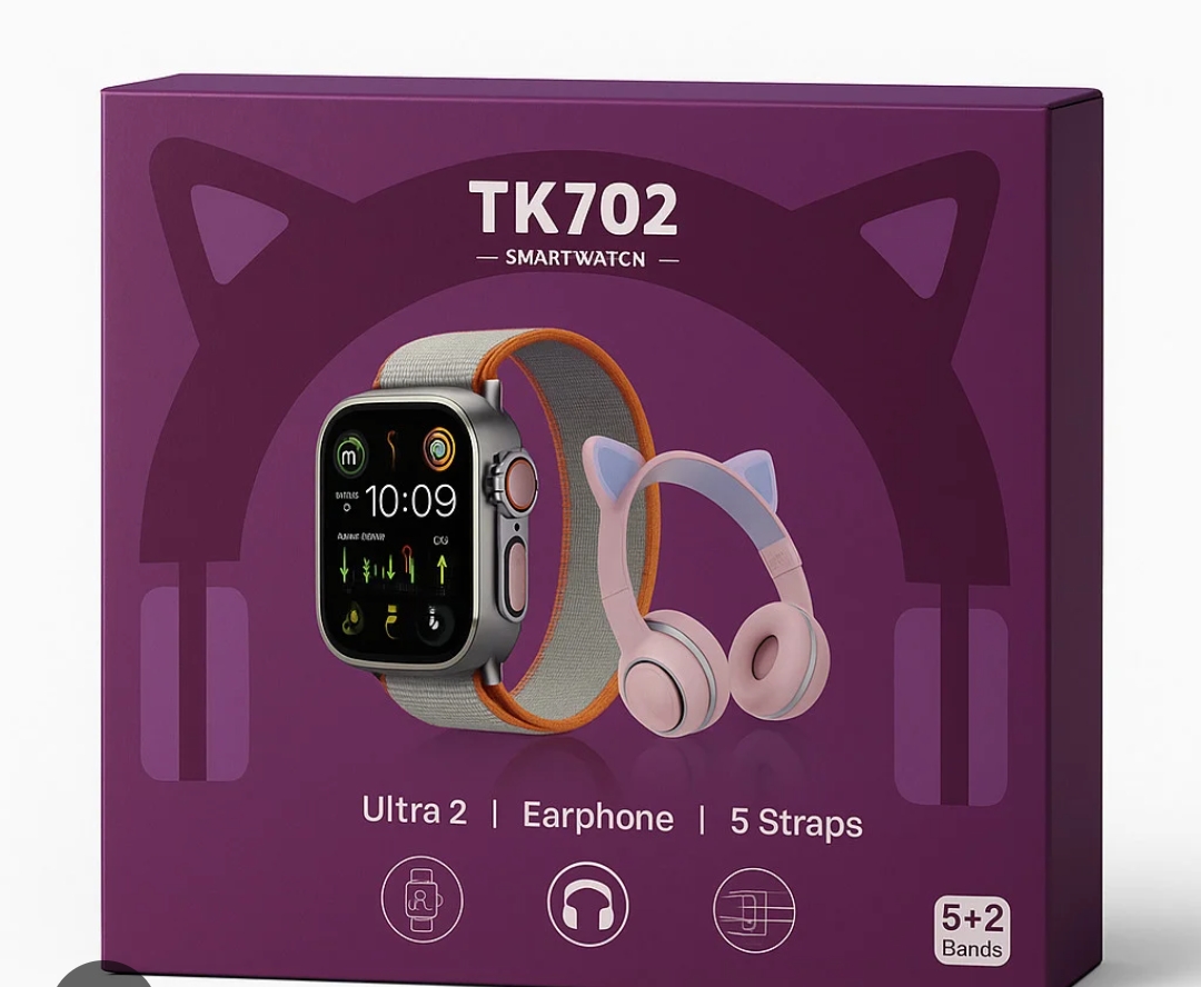 TK702 Ultra Smart Watch 2 + Bluetooth Earphone Kitten+ 5 Straps, Grey
