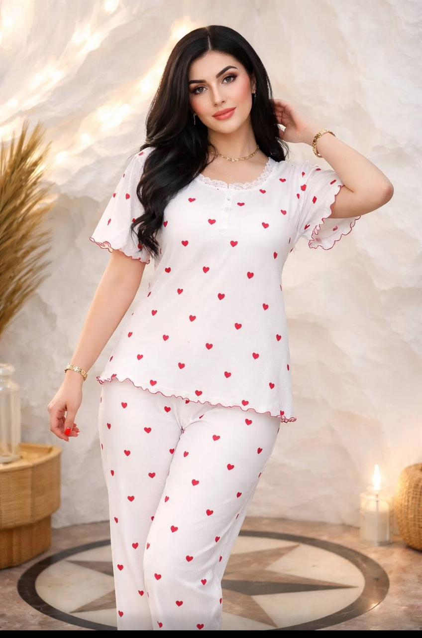 Women’s Heart Print Lounge Set with Short Sleeve Top and Slim Fit Pants color option