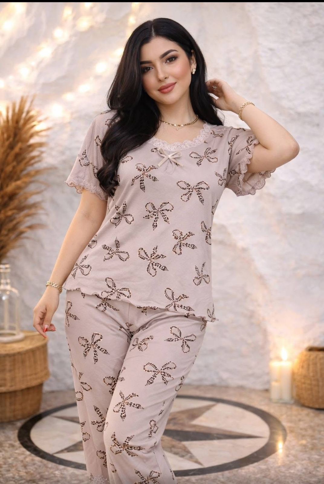 Women’s Printed Lounge Set with Short Sleeve Top and Relaxed Fit Pants