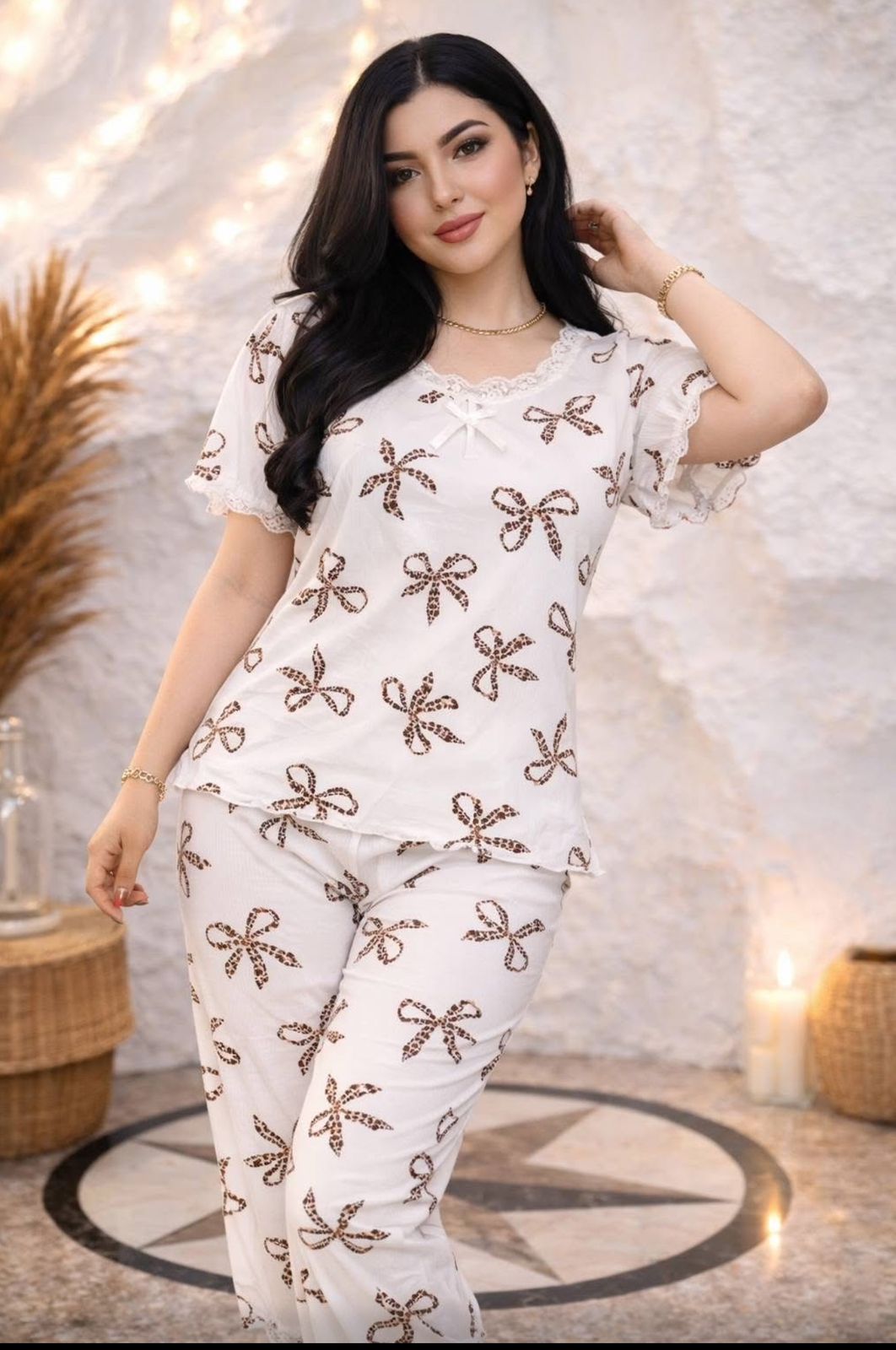 Women’s Printed Lounge Set with Short Sleeve Top and Relaxed Fit Pants
