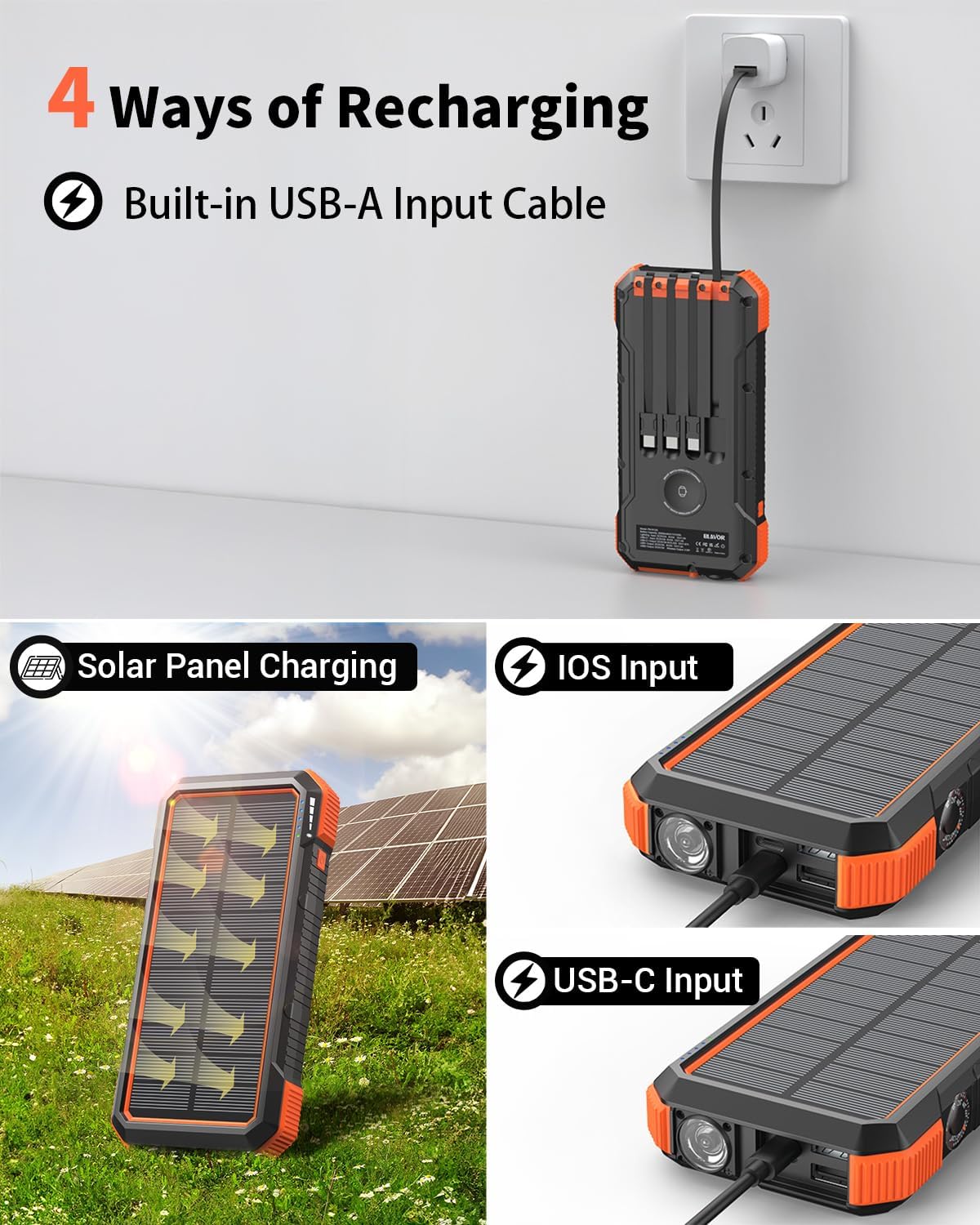 BLAVOR Solar Power Bank 20000mAh Built-in 4 Cables image 3