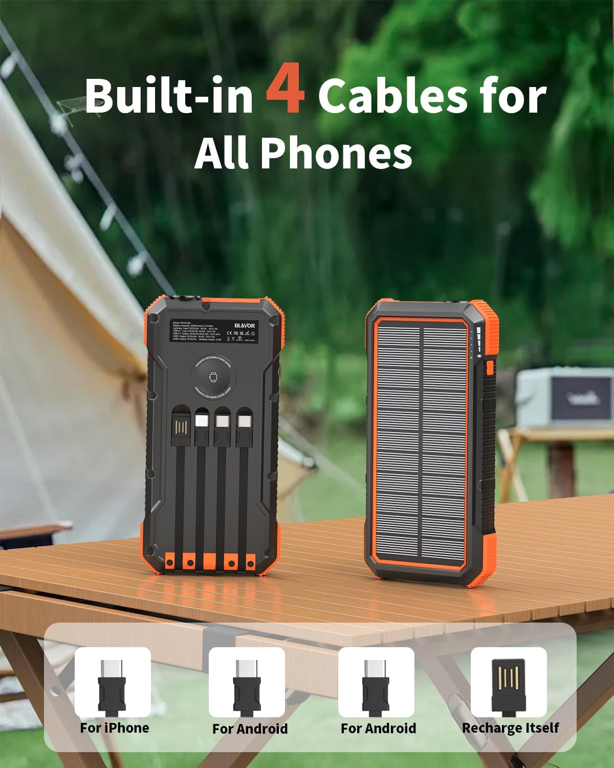 BLAVOR Solar Power Bank 20000mAh Built-in 4 Cables image 7