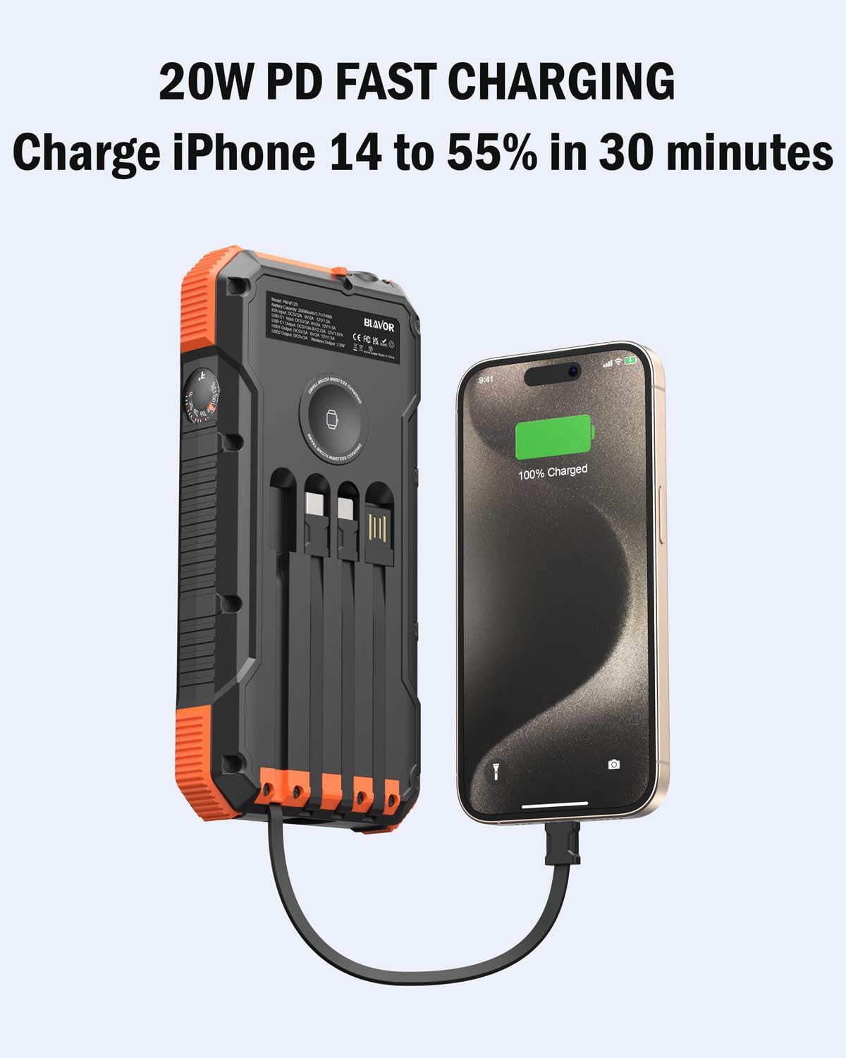 BLAVOR Solar Power Bank 20000mAh Built-in 4 Cables image 5
