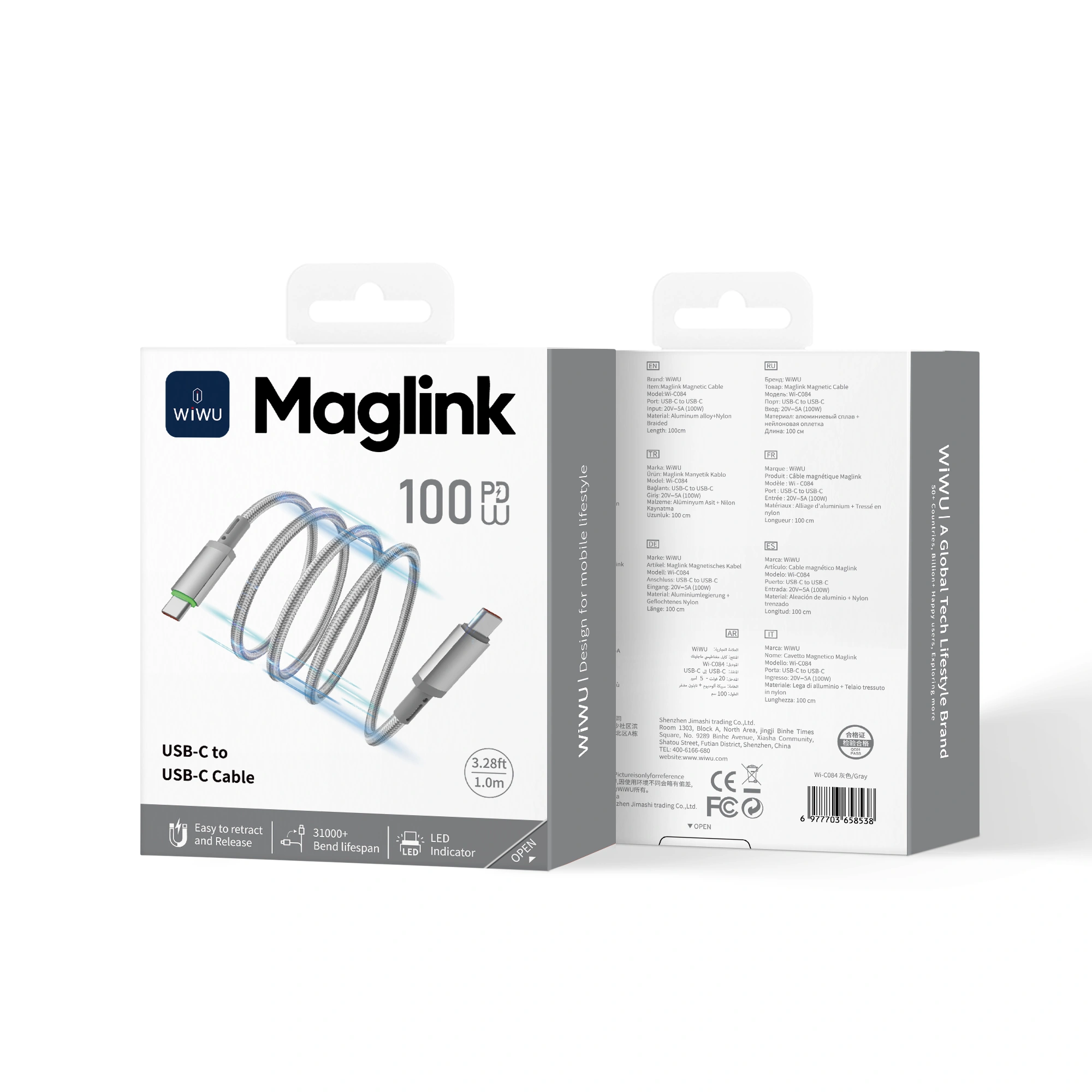 WiWU Maglink 100W USB-C to USB-C magnetic cable color option