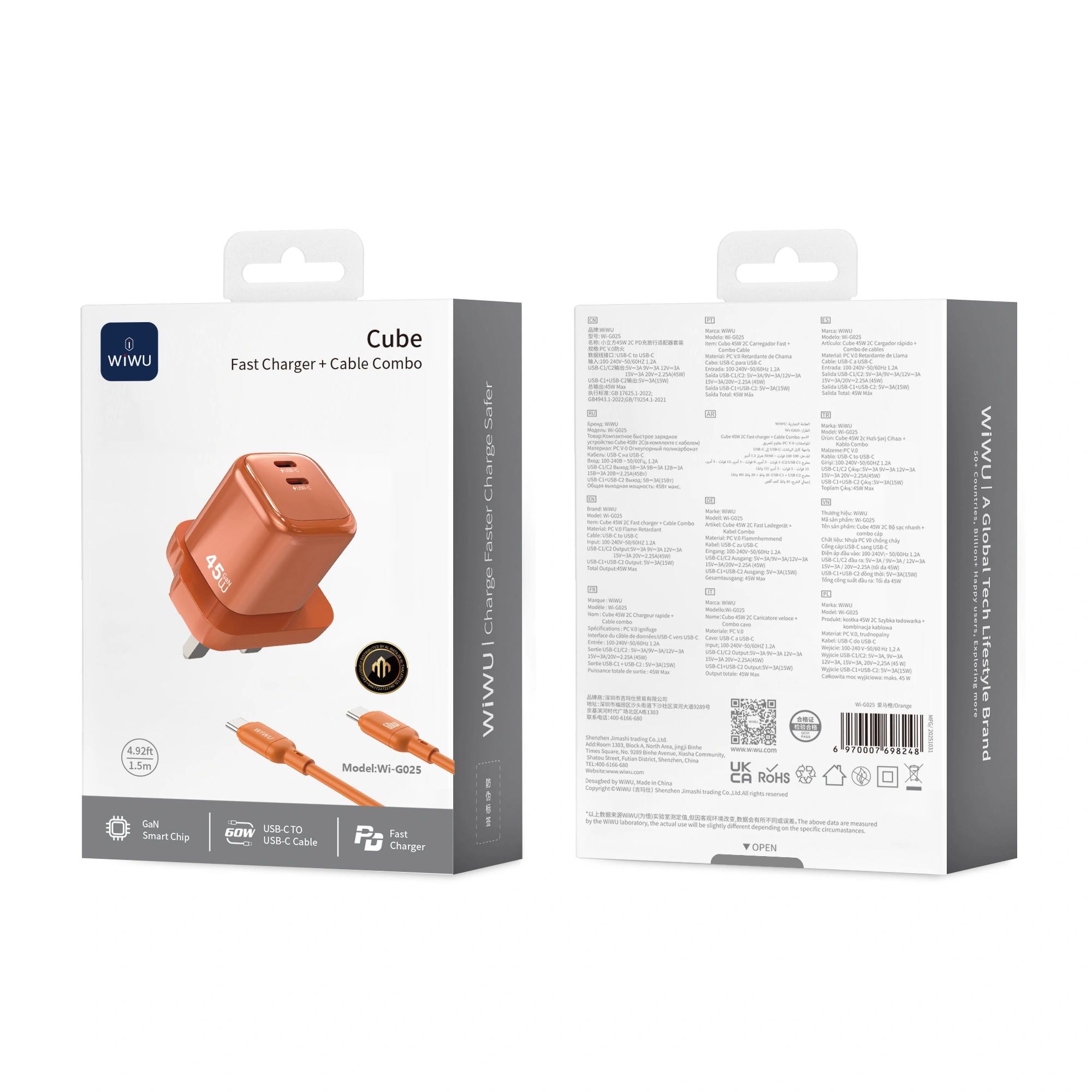 WiWU Cube 45W Dual USB-C PD Fast Charge Travel Adapter Combo Wi-G025 – Orange image 1