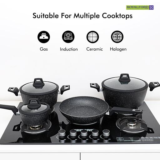 Royalford Chef Art RF9557 Aluminum Cookware Set, 7 Pieces, Black image 1