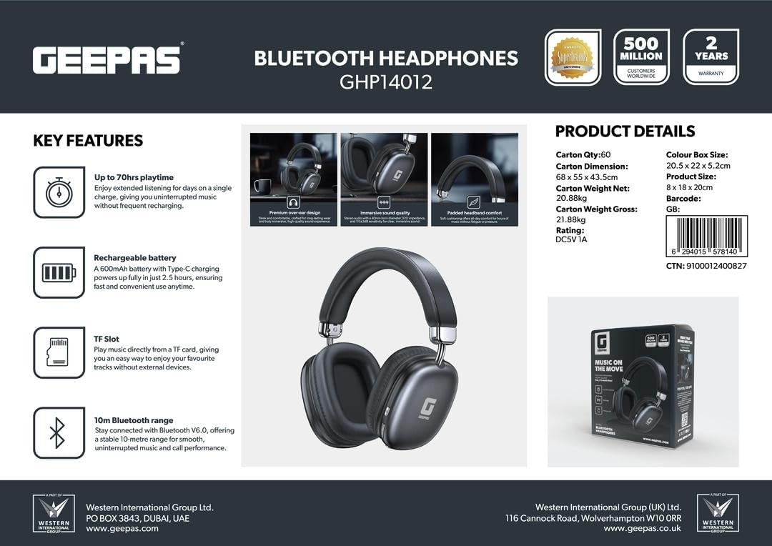 Bluetooth Headphones GHP14012 – Up to 70Hrs Playtime, Type-C Fast Charging image 1