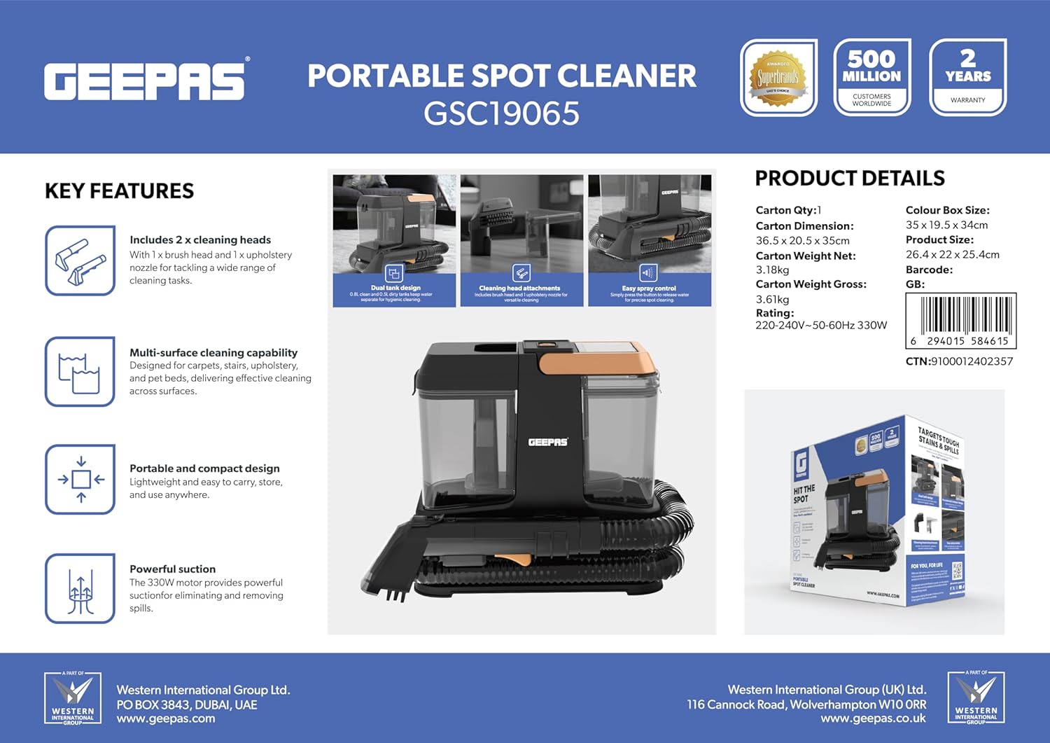 Geepas Portable Spot Cleaner/330W Powerful Suction, Dual Tank System image 1