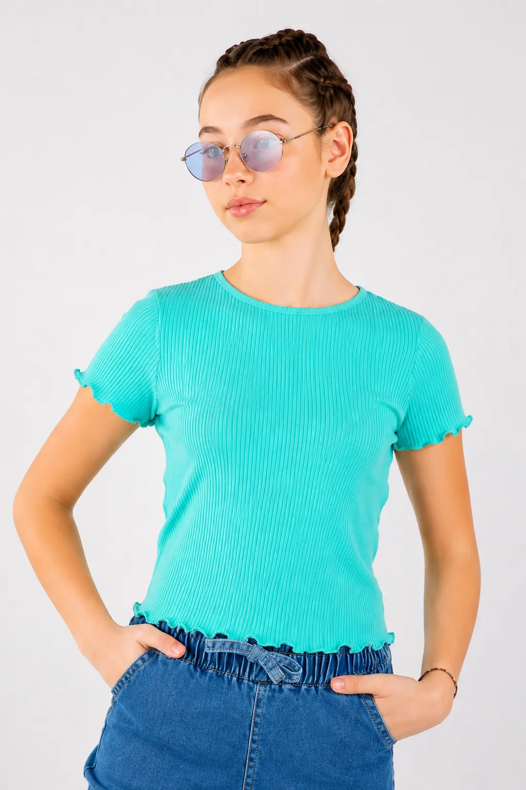 DMB Girls' Ribbed Short Sleeve T-Shirt – Round Neck – Stretch Fabric – Turquoise color option