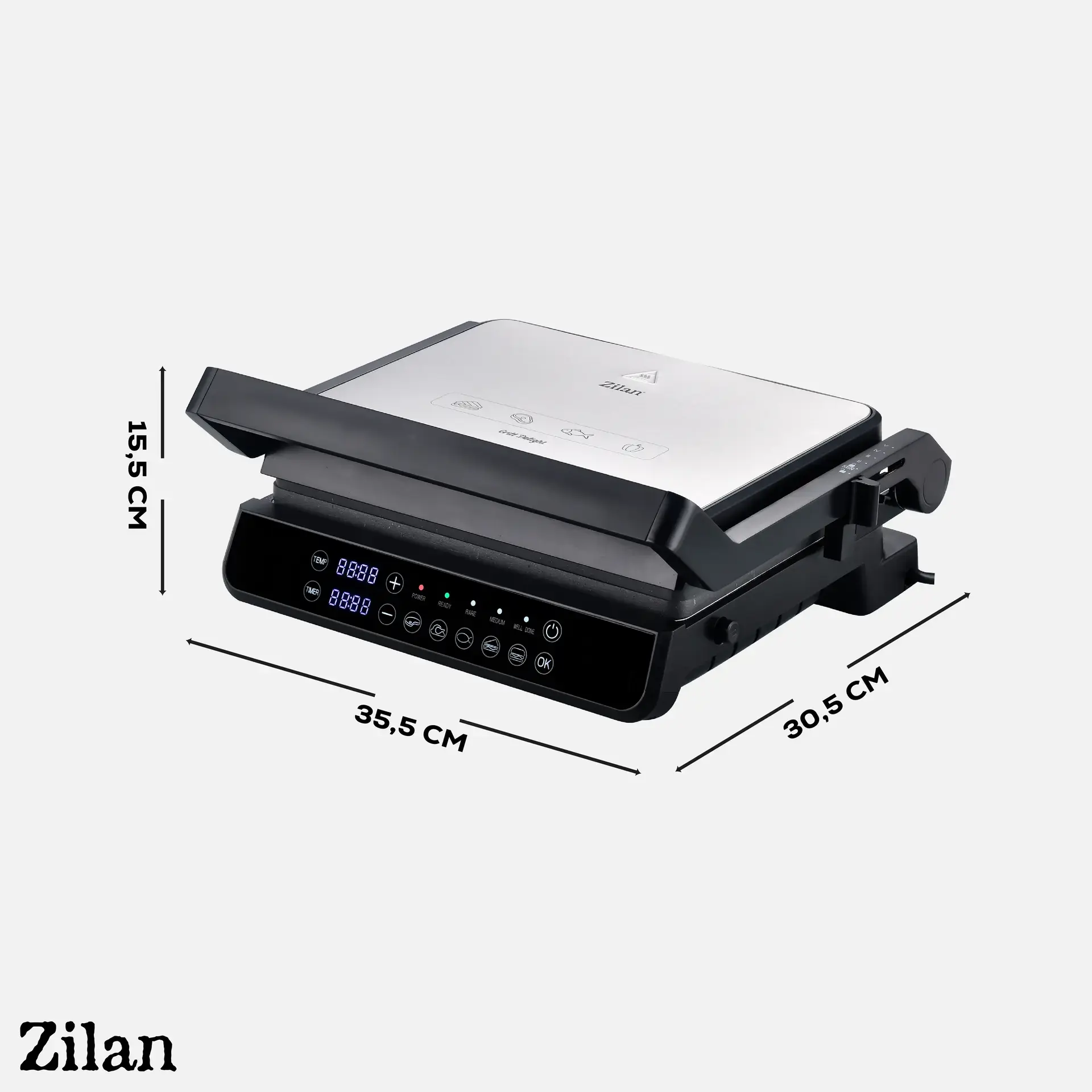 Zilan Digital Grill & Sandwich Maker – Electric Contact Grill with LED Display – Stainless Steel & Plastic – Black/Silver image 1