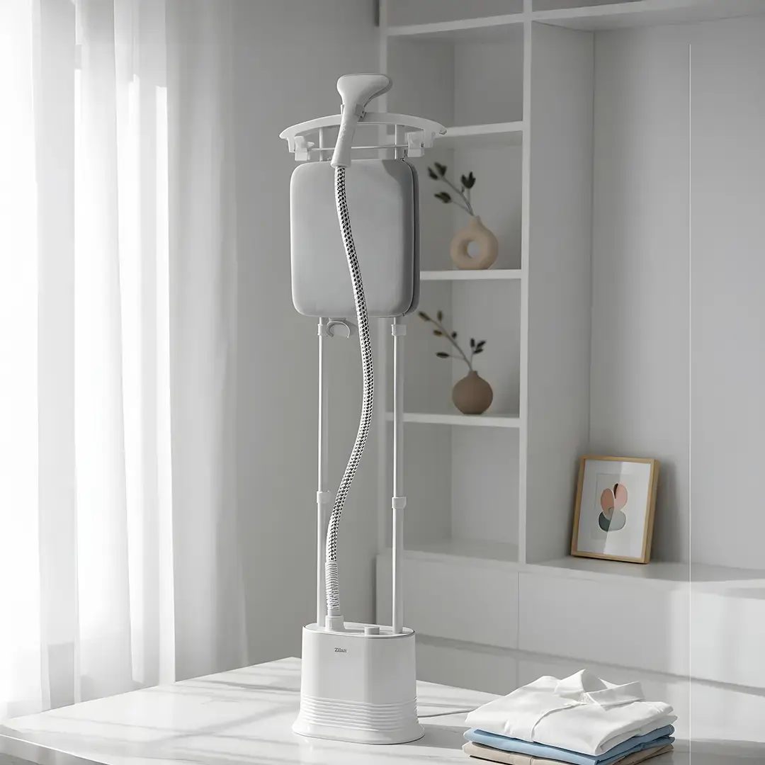 Zilan Stand Fabric & Garment Steamer – Upright Clothes Steamer with Adjustable Double Pole & Hanger  – White image 1