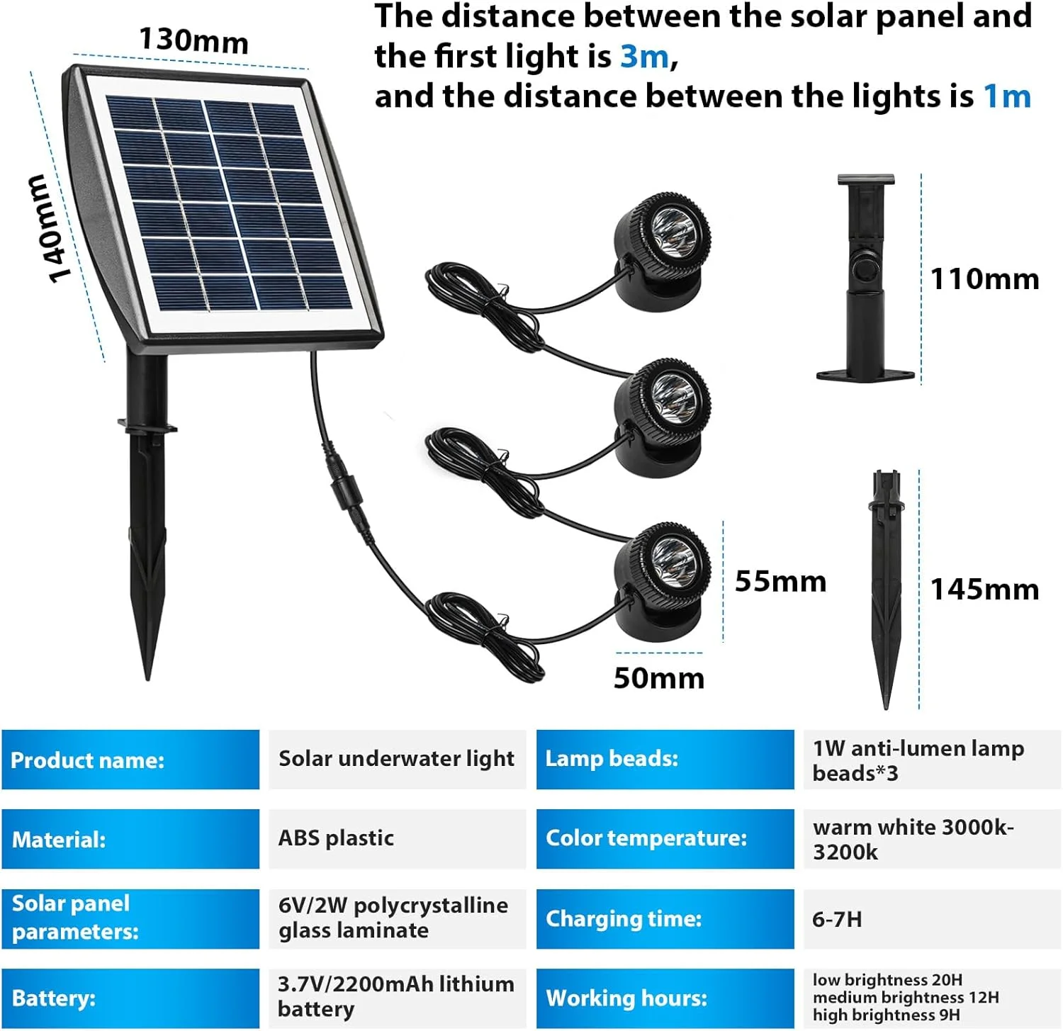 Solar-powered pool light, 6V 2W solar-powered diving spotlight,  3 LEDs, waterproof spotlight for garden and pond lighting image 5