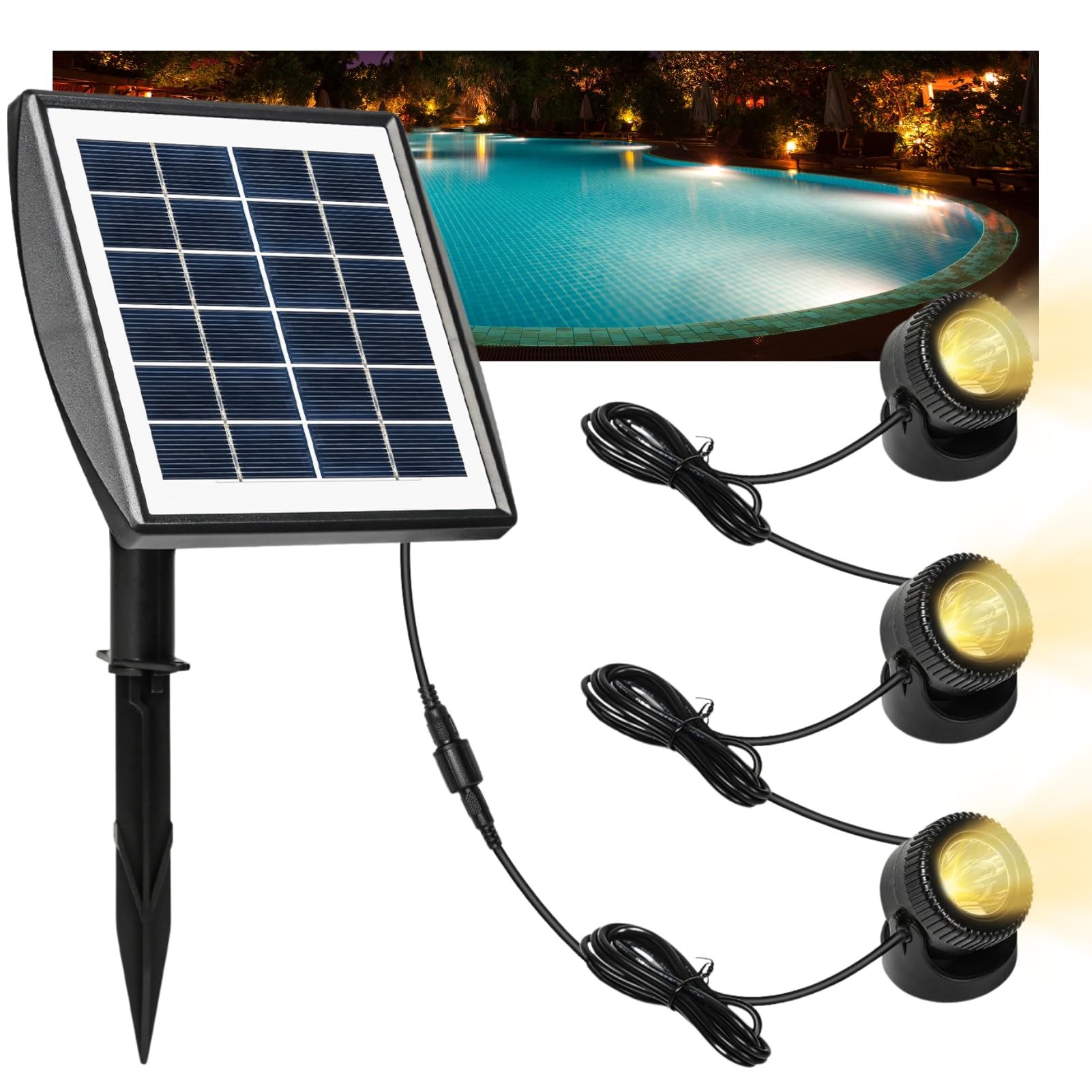 Solar-powered pool light, 6V 2W solar-powered diving spotlight,  3 LEDs, waterproof spotlight for garden and pond lighting color option