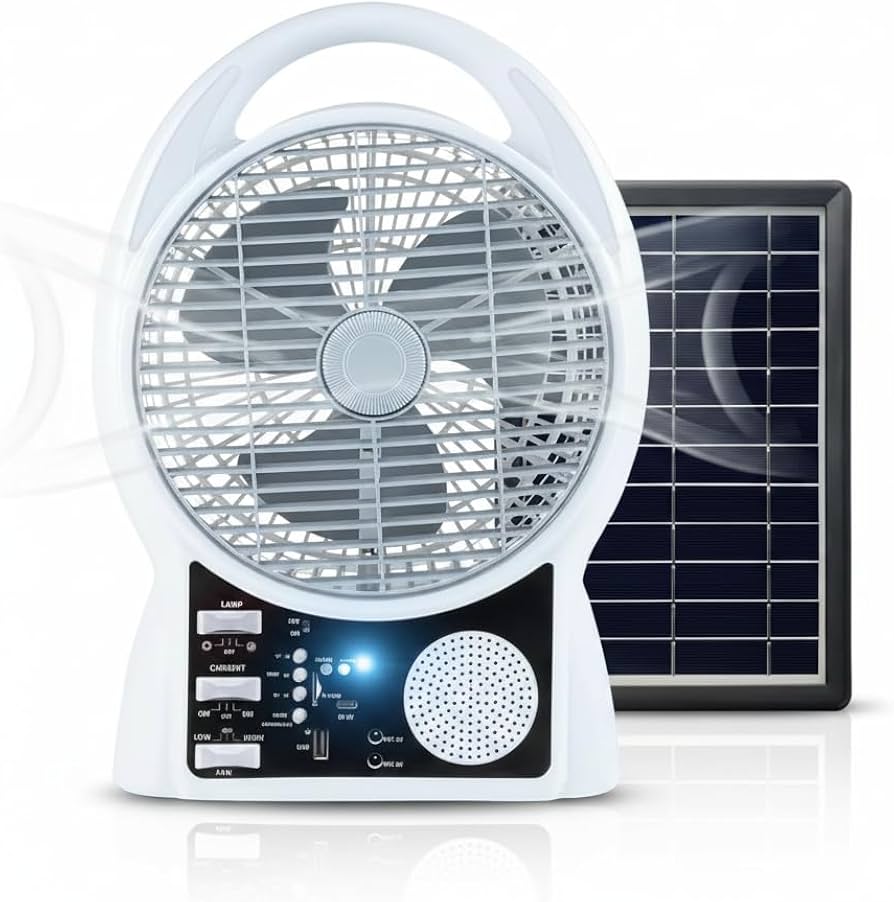 Portable Solar Rechargeable Fan with Bluetooth Speaker & FM Radio – LED Light – White image 1