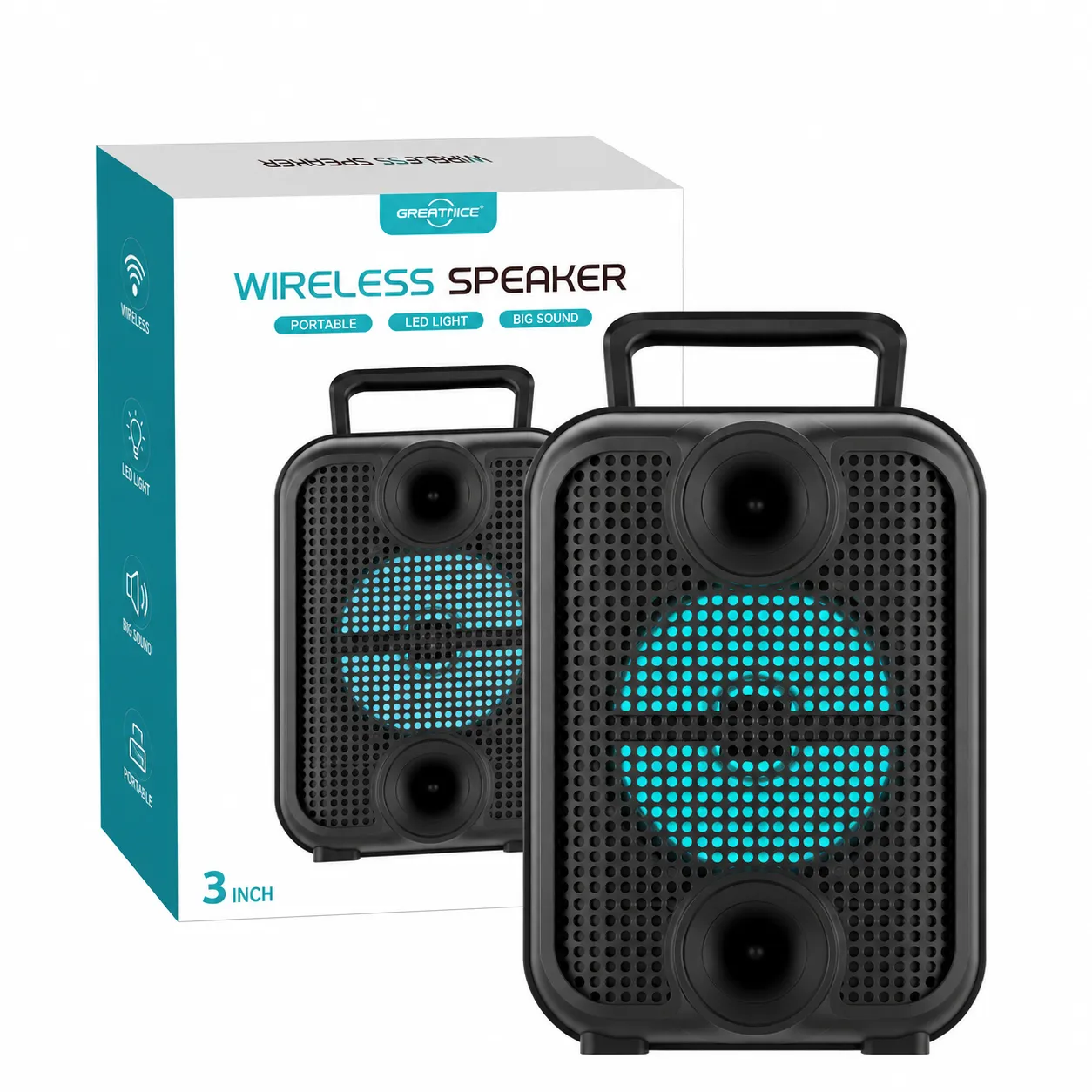 Greatnice Wireless Speaker GTS-2307 – Portable Bluetooth Speaker with LED Light – 3 Inch – Black color option