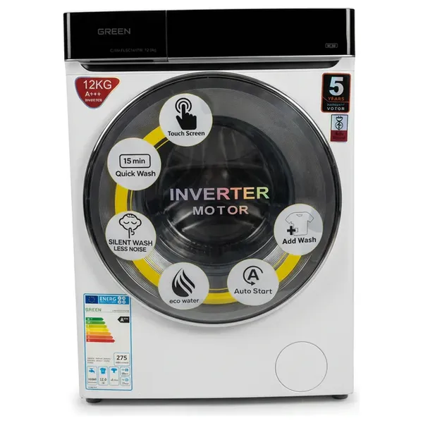 Green FLSC1412W - Front Loading Washing Machine - 12kg - Inverter Motor & Silent Wash - White color option