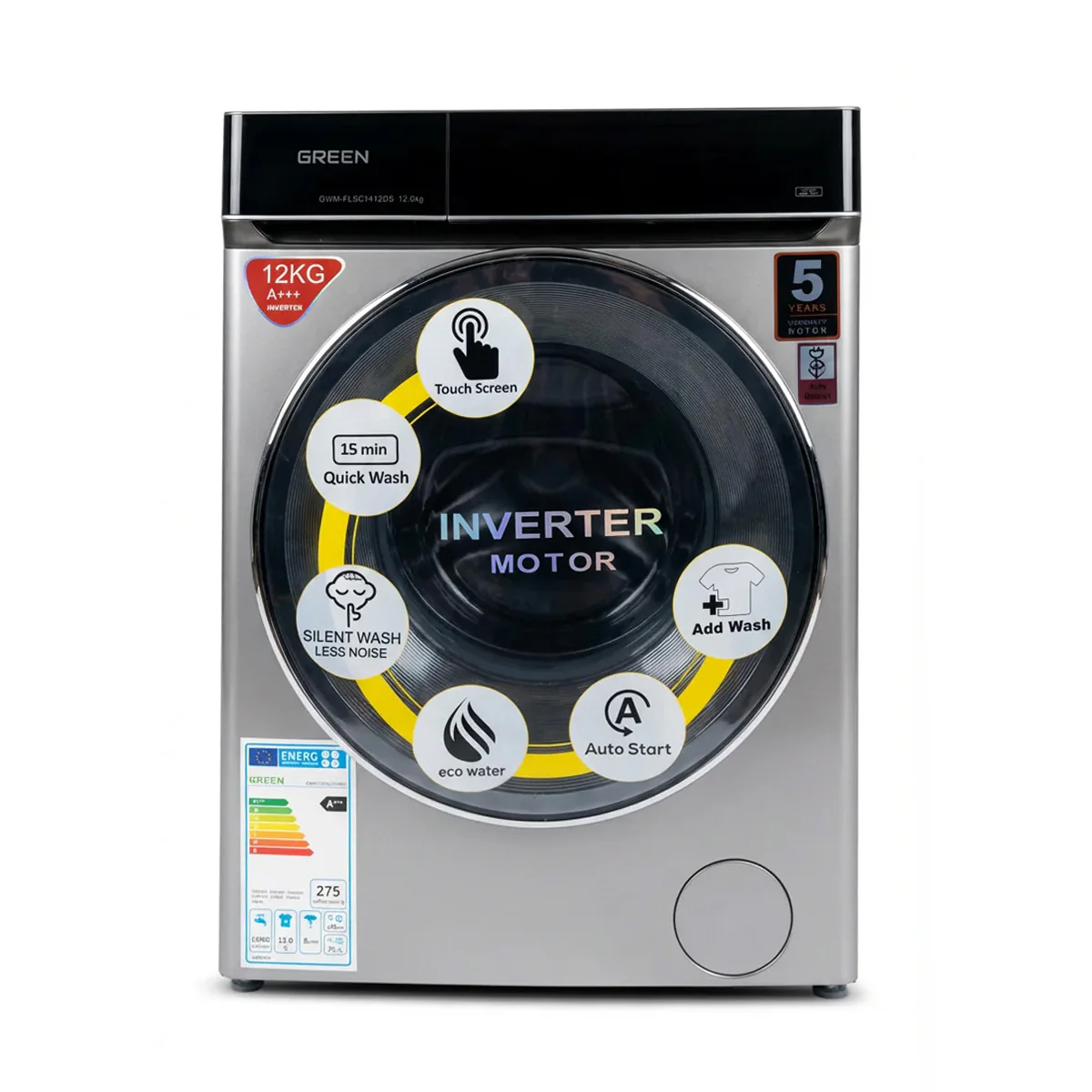 Green GWM-FLSC1412DS - Front Loading Washing Machine - 12kg - Inverter Motor & Silent Wash - silver