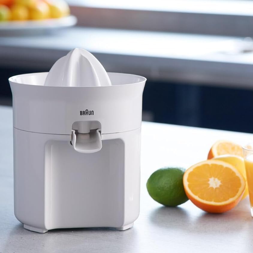 Braun 60W Citrus Juicer with Anti-Drip Nozzle and Dishwasher-Safe Design, White, Model CJ3050WH