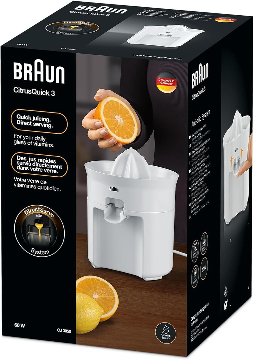 Braun 60W Citrus Juicer with Anti-Drip Nozzle and Dishwasher-Safe Design, White, Model CJ3050WH