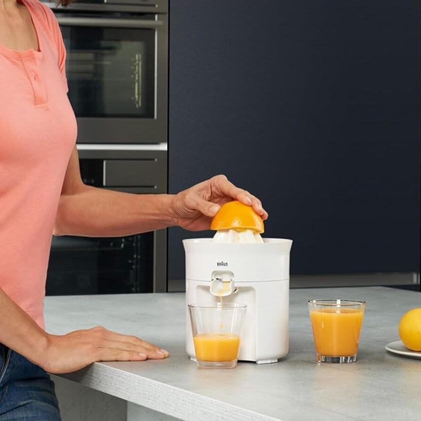 Braun 60W Citrus Juicer with Anti-Drip Nozzle and Dishwasher-Safe Design, White, Model CJ3050WH
