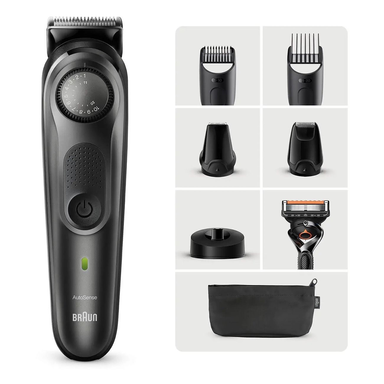 Braun Series 7 BT7340 Beard Trimmer & Hair Clipper - AutoSense Technology - 39 Length Settings - With Gillette Razor & Charging Stand - Black/Metal Grey