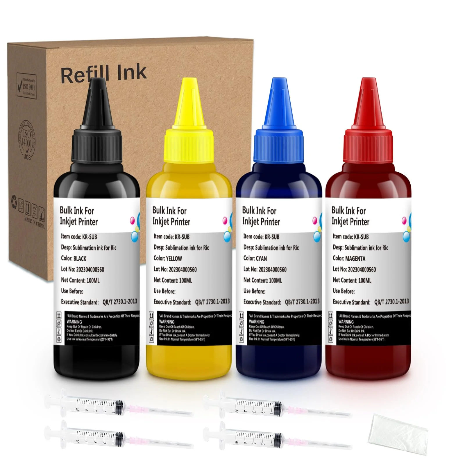 Refill Ink For Inkjet Printer – Sublimation Ink Set – CMYK (Black, Cyan, Magenta, Yellow) – 100ml x 4 Bottles