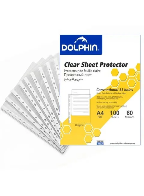 Dolphin- A4 60-micron thick polypropylene paper protectors - crystal clear, tear resistant, 100-pack for office and school color option