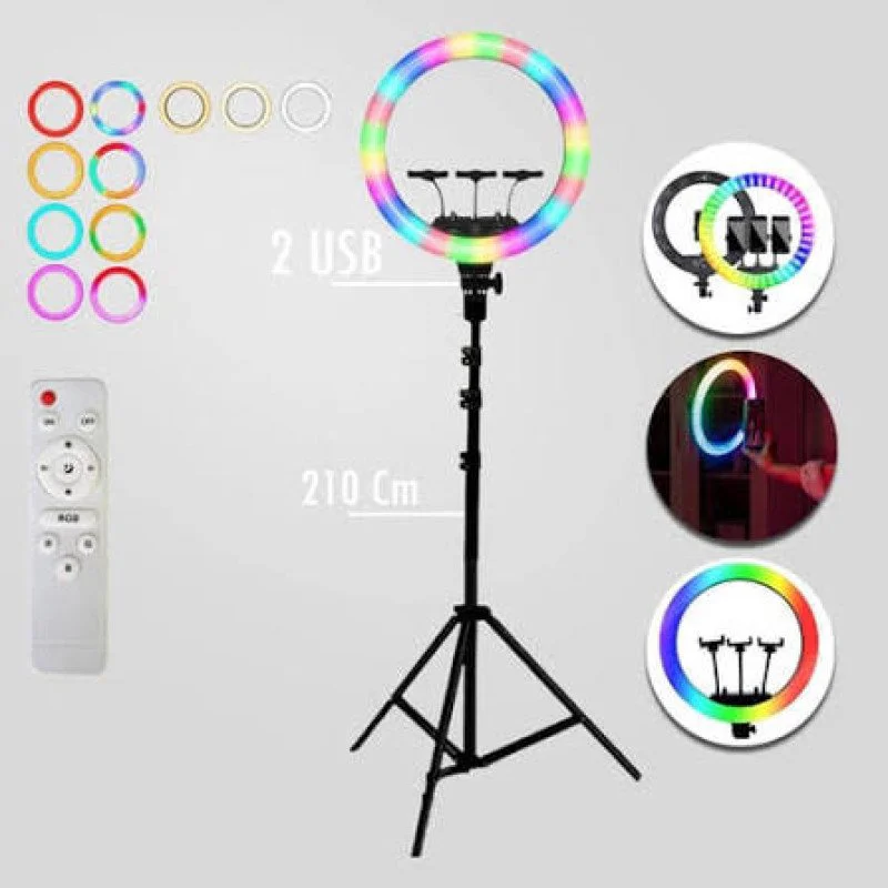 RGB LED Soft Ring Light MJ56 – 3 Phone Holders – Adjustable Tripod Stand – Multi-Color Lighting