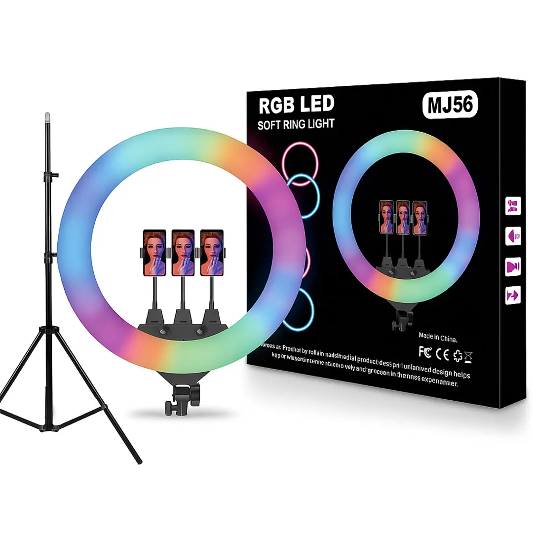 RGB LED Soft Ring Light MJ56 – 3 Phone Holders – Adjustable Tripod Stand – Multi-Color Lighting color option