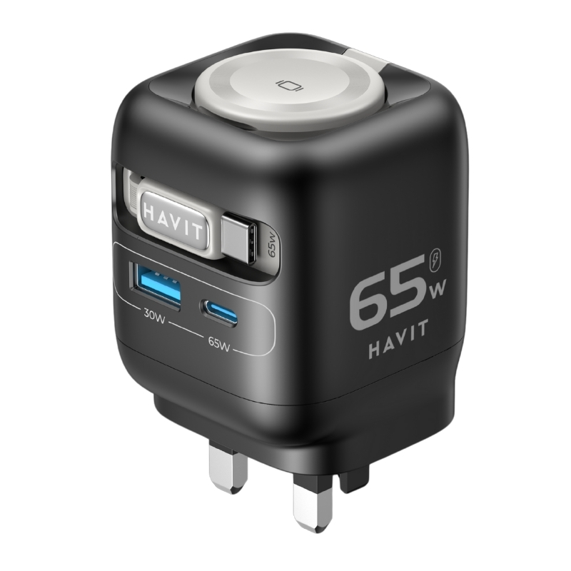 HAVIT UC252 UK Travel Charger – 65W GaN Fast Charger – USB-C + USB-A – Black