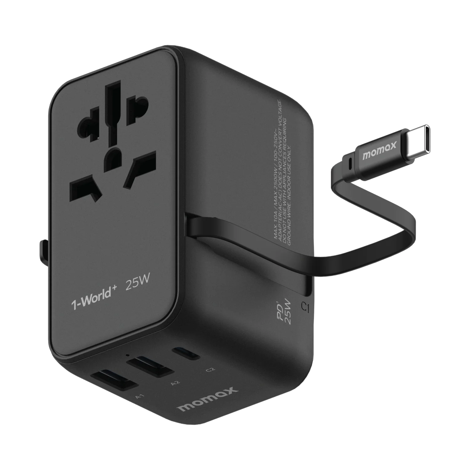 MOMAX 1-World+ Universal Travel Adapter – 25W USB-C PD Fast Charging – Built-in USB-C Cable – Black