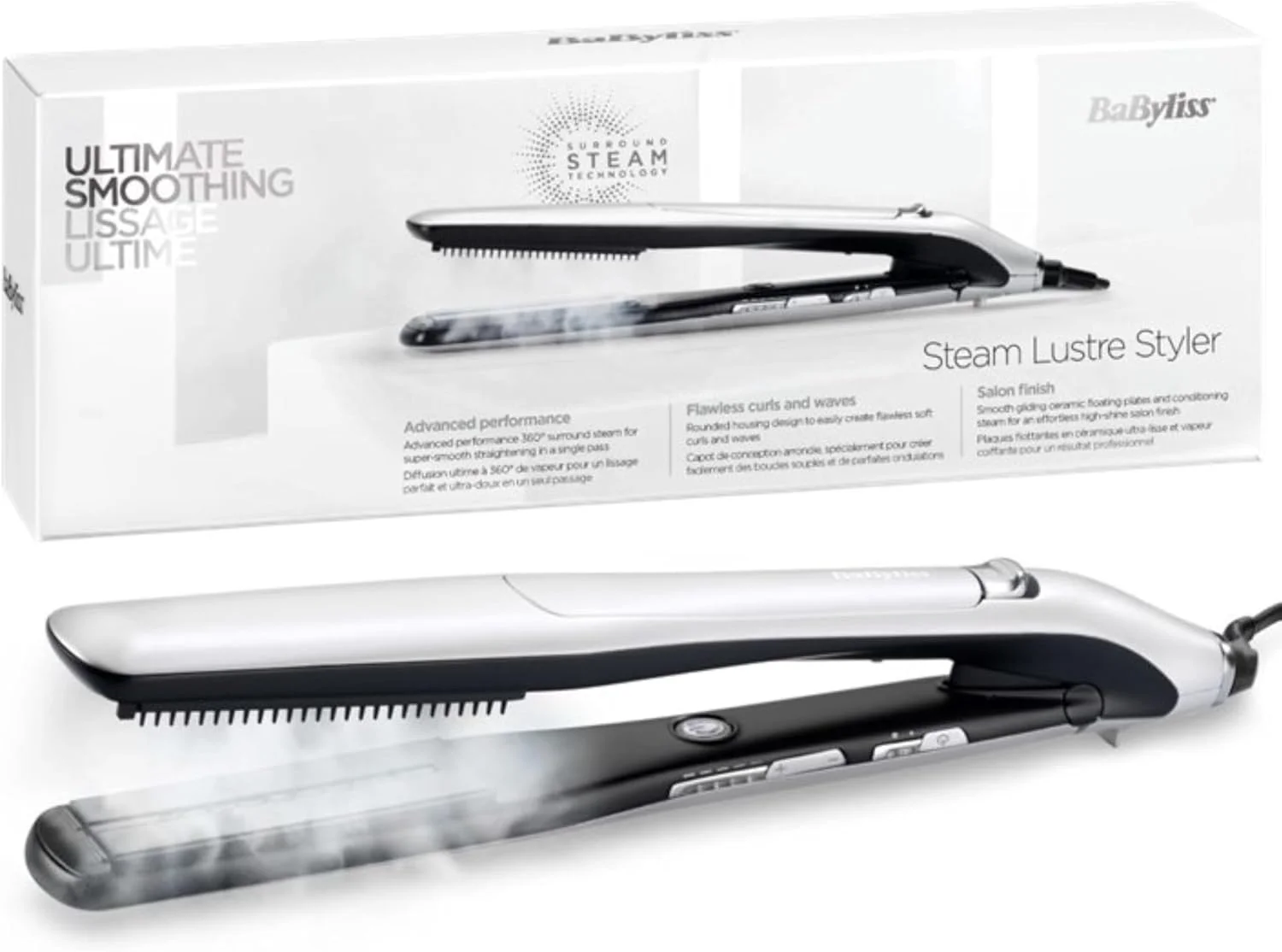 BaByliss ST595SDE Steam Hair Straightener with 5 Temperature Settings, Ceramic, Silver color option