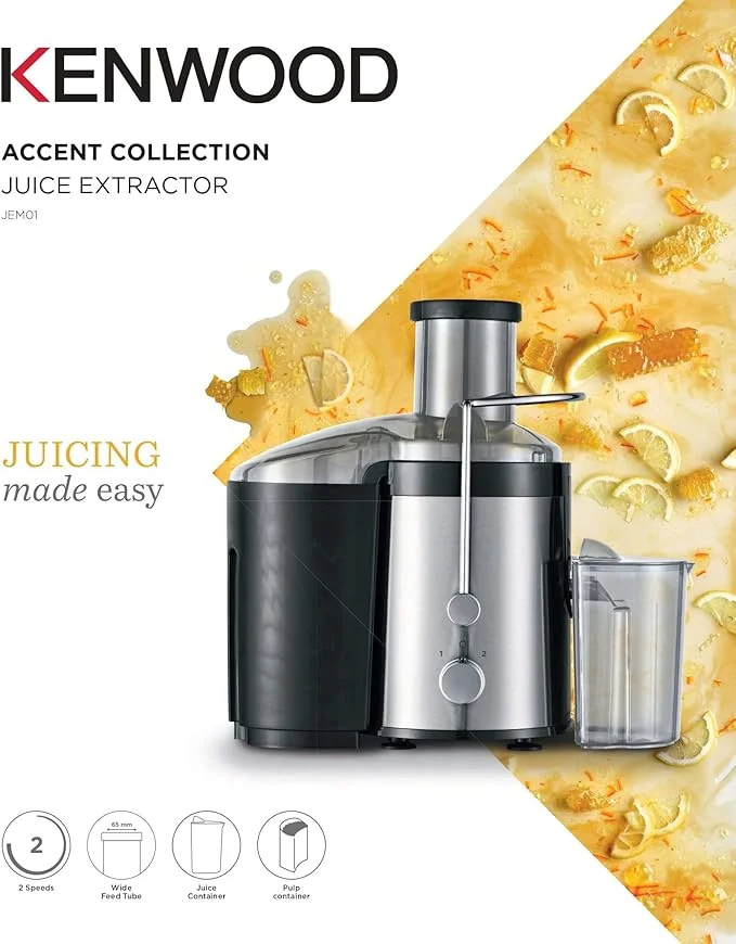 Kenwood 300W Stainless Steel Juicer with 65mm Wide Feed Tube, 2 Speeds, Transparent Jug, Fruit Pulp Container, Model JEM01.000BK, Silver/Black