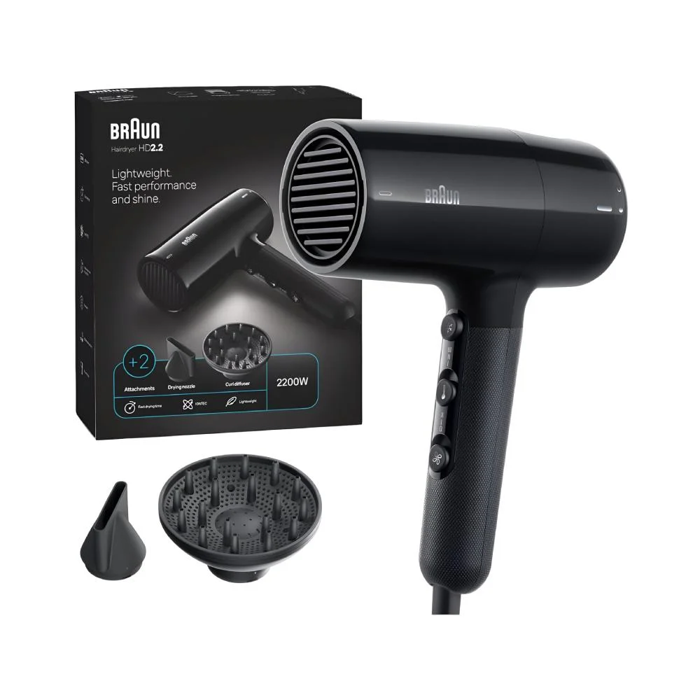 Braun Hair Dryer H200 – 2100W – Ionic Technology – Concentrator Nozzle & Diffuser – Black