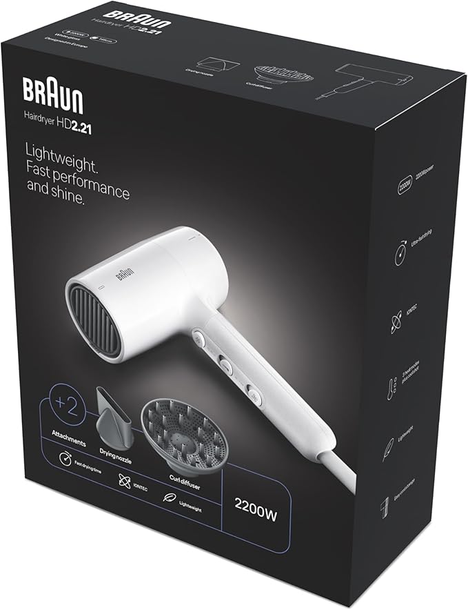 Braun Hair Dryer BRHD226SDE – 2200W – Ionic Technology – Diffuser & Precision Nozzle – White color option