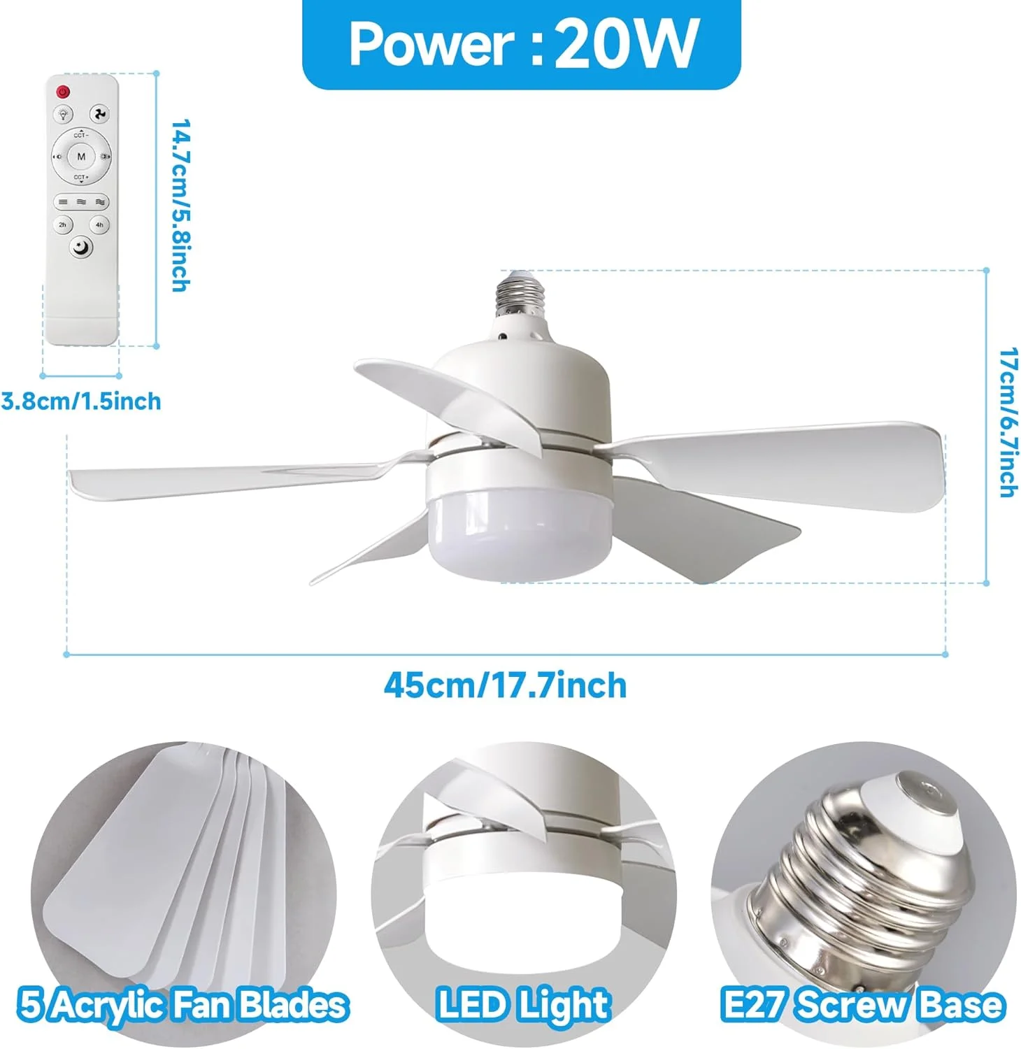 Ceiling Fans with Lights and Remote Control, 3 Speeds, 3 Color Temperature, Timing, 5 Blades Ceiling Fan- (White)
