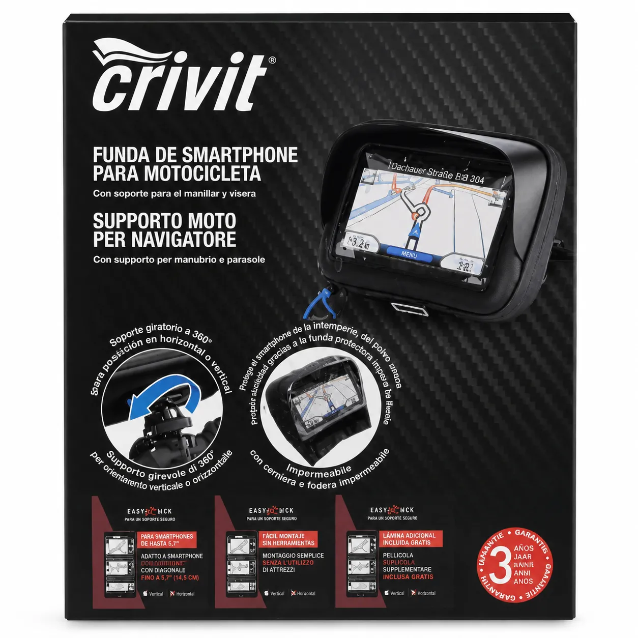 Crivit Motorcycle Smartphone Holder – Waterproof Phone Case – 360° Rotating Handlebar Mount – Black 100*150cm color option