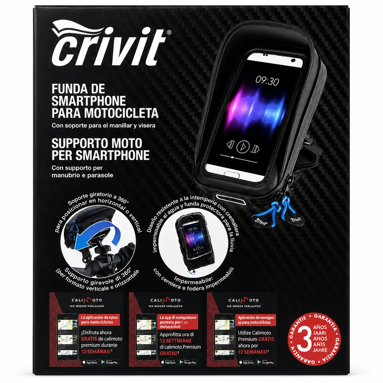 Crivit Motorcycle Smartphone Holder – Waterproof Phone Case – 360° Rotating Handlebar Mount – Black 82*161cm