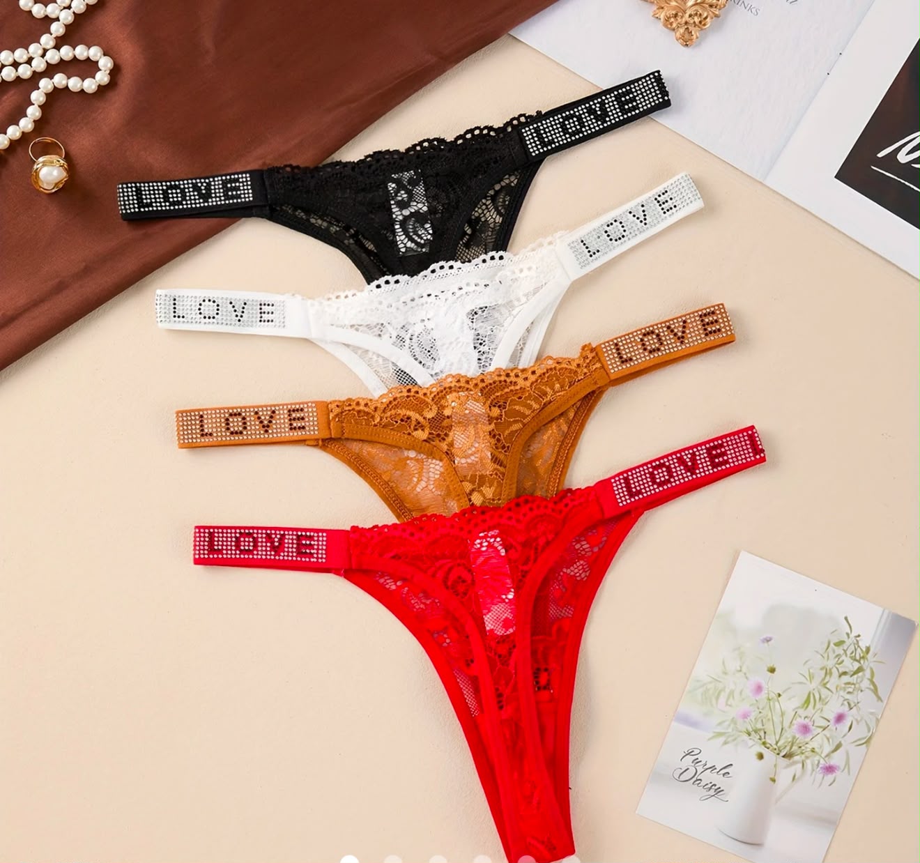 Women’s Lace Rhinestone “LOVE” Thong – Soft Stretch G-String