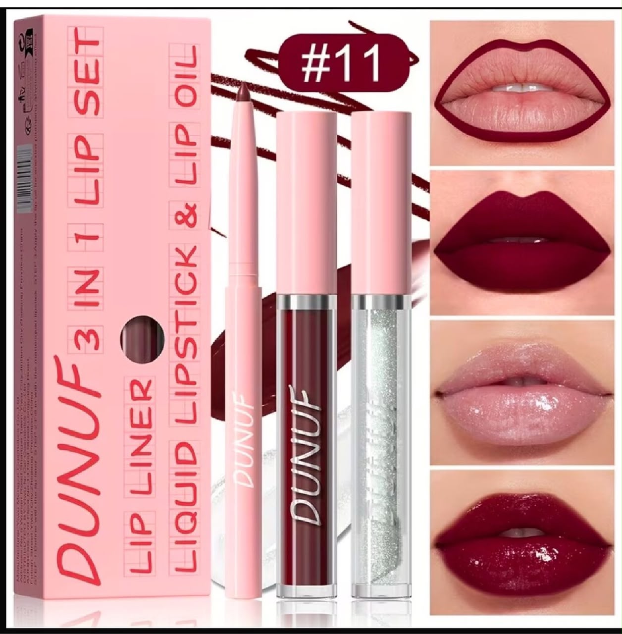 3-in-1 Lip Set Matte Lipstick, Lip Liner & Lip Oil Long Lasting Waterproof Lip Makeup Kit - 11