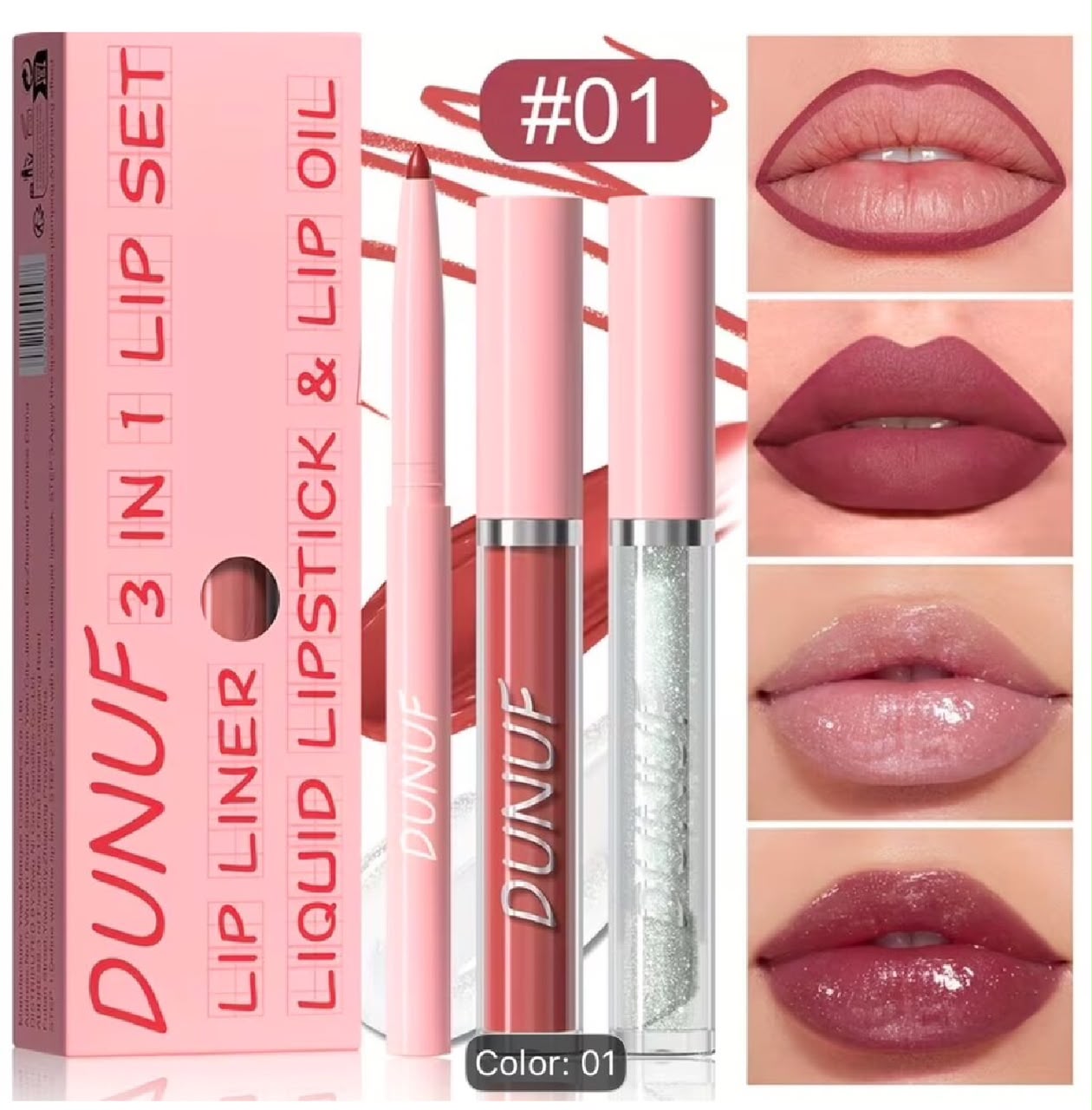 3-in-1 Lip Set Matte Lipstick, Lip Liner & Lip Oil Long Lasting Waterproof Lip Makeup Kit-01 color option